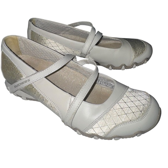 Skechers Womens 7.5 Mary Jane Cream Gold Patent Leather Comfort Flats - Picture 2 of 5